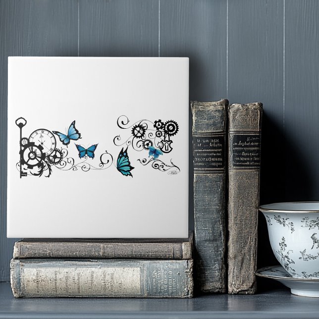 Steampunk Tribal Blue Butterflies Gear Swirl Ceramic Tile (Creator Uploaded)