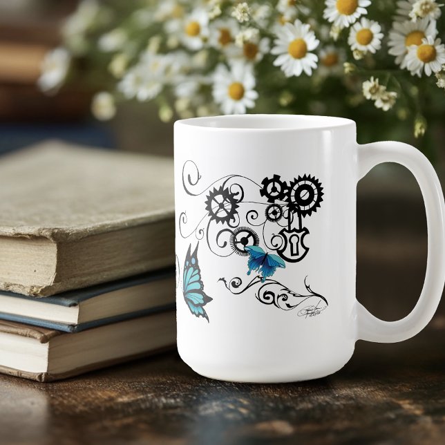 Steampunk Tribal Blue Butterflies Gear Swirl Coffee Mug (Creator Uploaded)