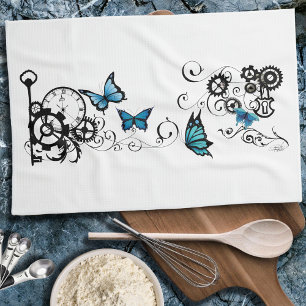 Steampunk Tribal Blue Butterflies Gear Swirl Kitchen Towel
