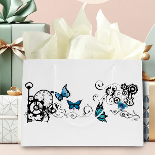 Steampunk Tribal Blue Butterflies Gear Swirl Large Gift Bag