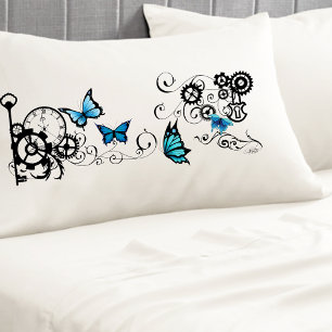 Steampunk Tribal Blue Butterflies Gear Swirl Pillow Case