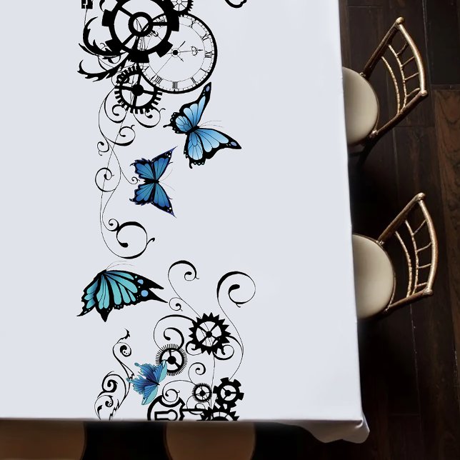 Steampunk Tribal Blue Butterflies Gear Swirl Tablecloth (Creator Uploaded)