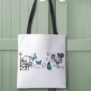 Steampunk Tribal Blue Butterflies Gear Swirl Tote Bag