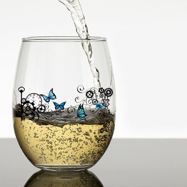 Steampunk Tribal Blue Butterflies Stemless Wine Glass (Creator Uploaded)
