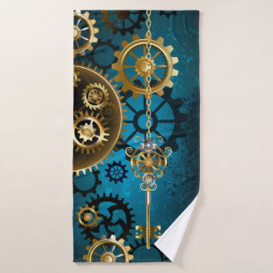Steampunk turquoise Background with Gears Bath Towel