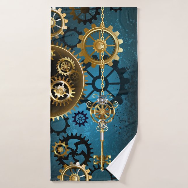 Steampunk turquoise Background with Gears Bath Towel (Bath Towel)