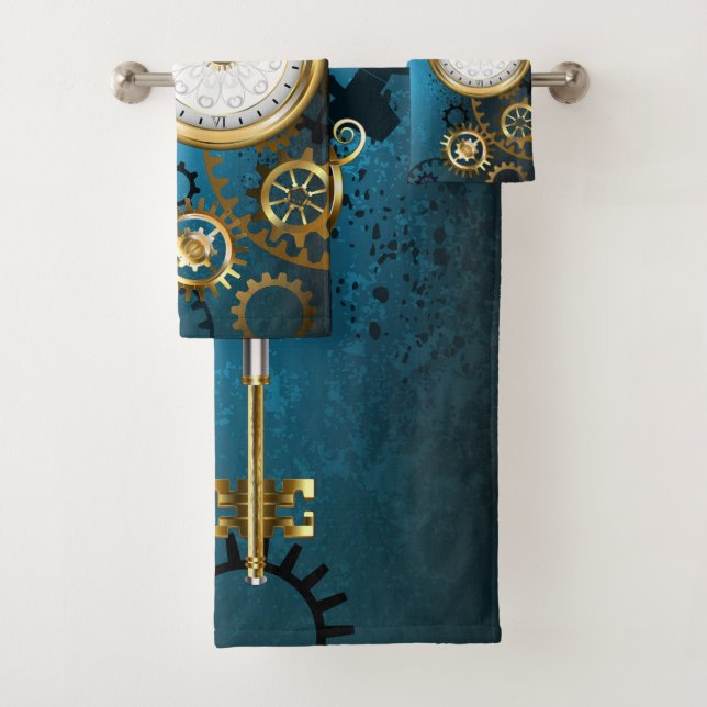 Steampunk turquoise Background with Gears Bath Towel Set (Insitu)