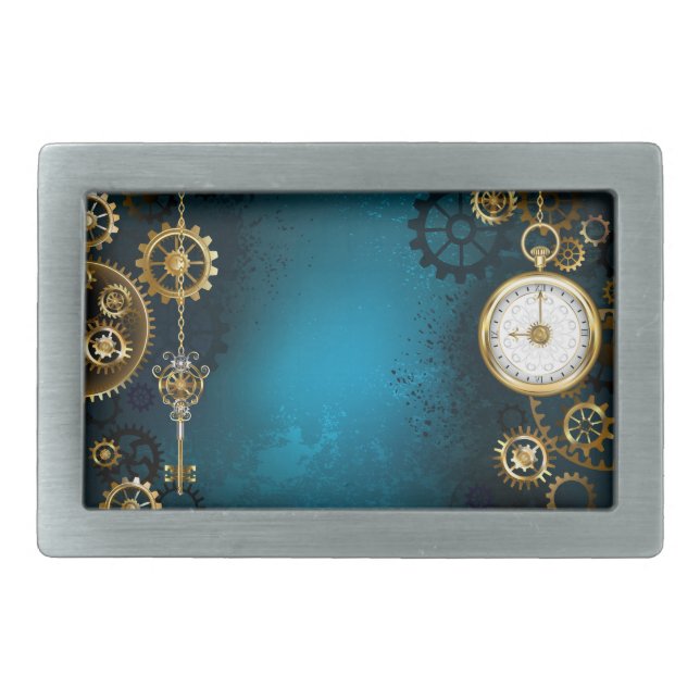 Steampunk turquoise Background with Gears Belt Buckle (Front)