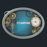 Steampunk turquoise Background with Gears Belt Buckle<br><div class="desc">Turquoise,  textured,  steampunk background with brass and gold gears,  a silver key and the clock. Steampunk style.</div>