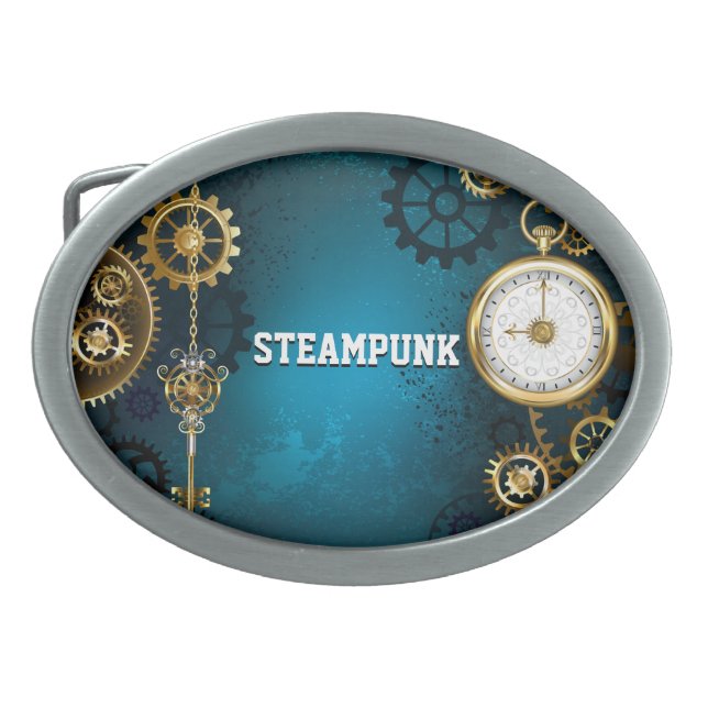 Steampunk turquoise Background with Gears Belt Buckle (Front)