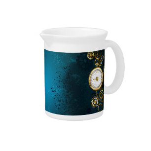 Steampunk turquoise Background with Gears Beverage Pitcher