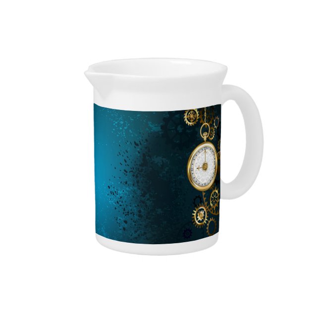 Steampunk turquoise Background with Gears Beverage Pitcher (Right)