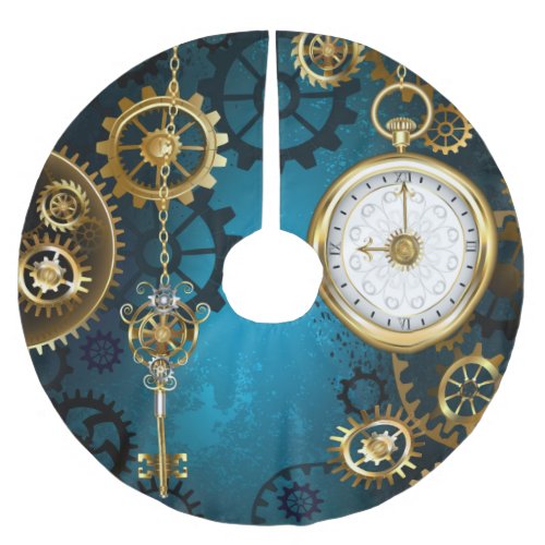Steampunk turquoise Background with Gears Brushed Polyester Tree Skirt