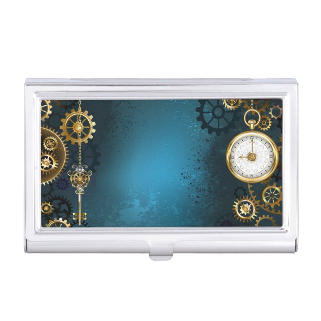 Steampunk turquoise Background with Gears Business Card Case (Front)