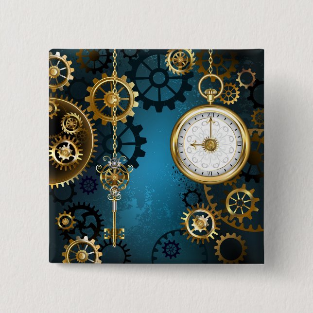 Steampunk turquoise Background with Gears Button (Front)
