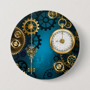 Steampunk turquoise Background with Gears Button