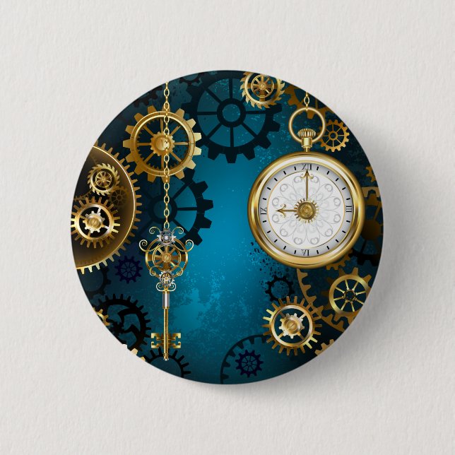 Steampunk turquoise Background with Gears Button (Front)