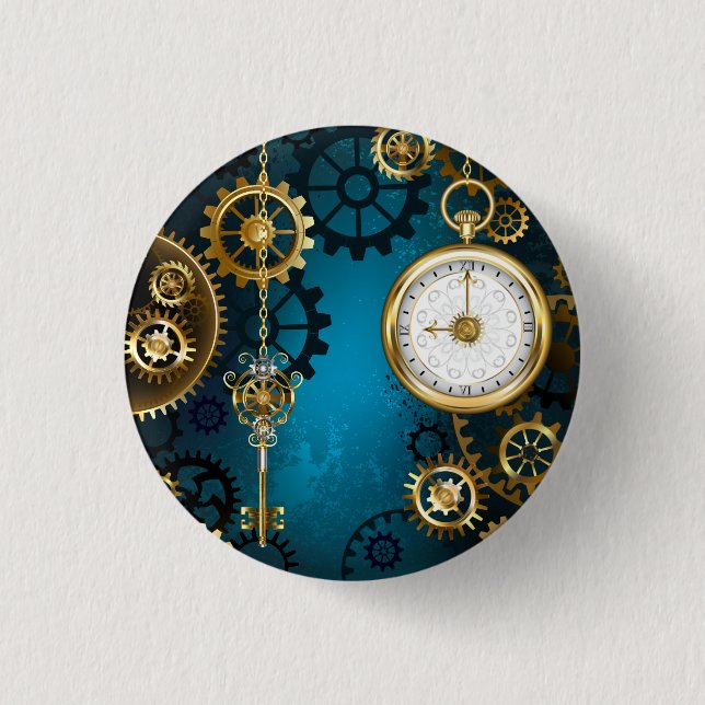 Steampunk turquoise Background with Gears Button (Front)
