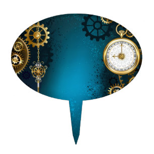 Steampunk turquoise Background with Gears Cake Topper