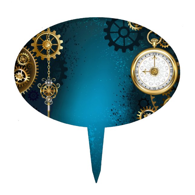 Steampunk turquoise Background with Gears Cake Topper (Front)