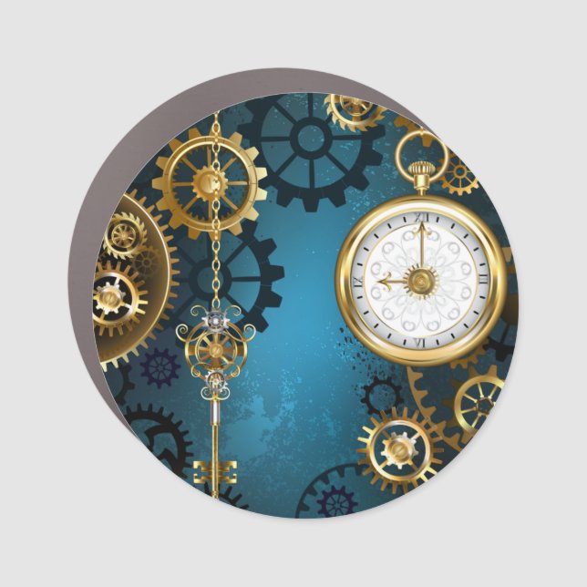 Steampunk turquoise Background with Gears Car Magnet (Front)