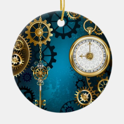 Steampunk turquoise Background with Gears Ceramic Ornament