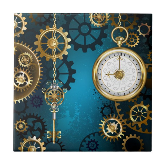 Steampunk turquoise Background with Gears Ceramic Tile (Front)
