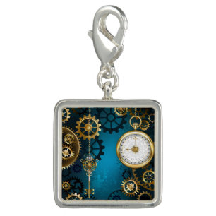 Steampunk turquoise Background with Gears Charm