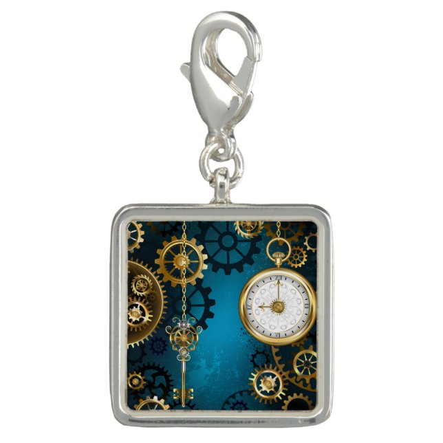Steampunk turquoise Background with Gears Charm (Front)