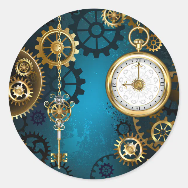 Steampunk Turquoise Background With Gears Classic Round Sticker Zazzle 9353