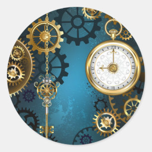Steampunk turquoise Background with Gears Classic Round Sticker