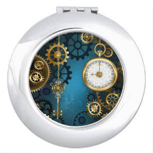 Steampunk turquoise Background with Gears Compact Mirror