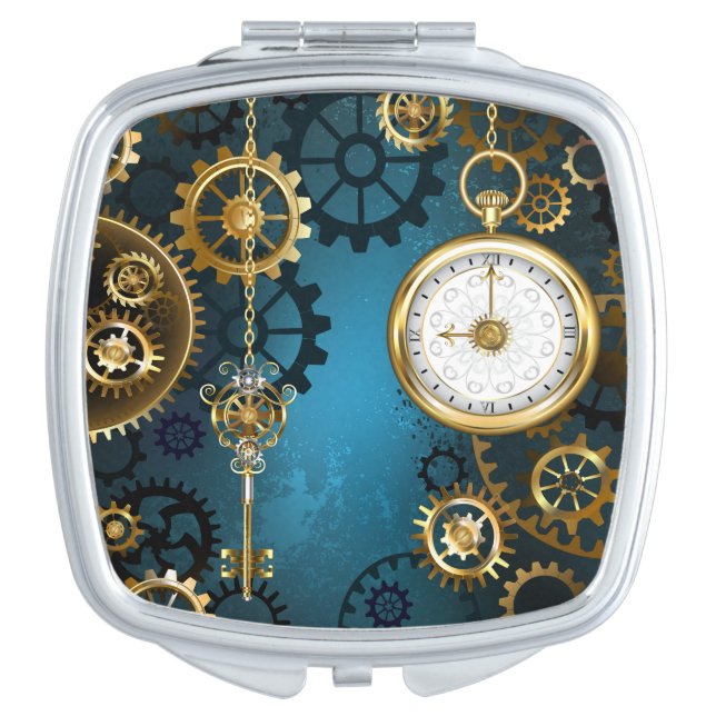 Steampunk turquoise Background with Gears Compact Mirror (Front)