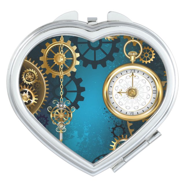Steampunk turquoise Background with Gears Compact Mirror (Front)