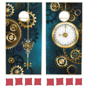 Steampunk turquoise Background with Gears Cornhole Set