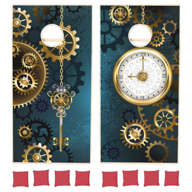 Steampunk turquoise Background with Gears Cornhole Set (Set)