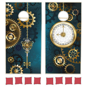 Steampunk turquoise Background with Gears Cornhole Set