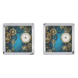 Steampunk turquoise Background with Gears Cufflinks