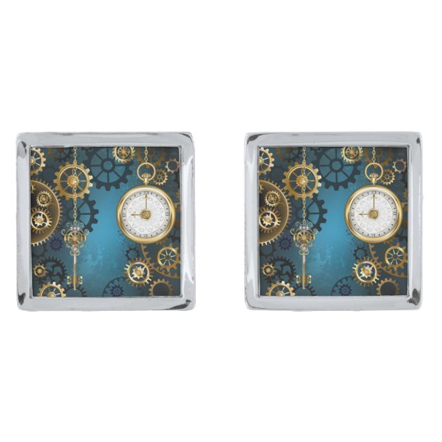 Steampunk turquoise Background with Gears Cufflinks (Front)