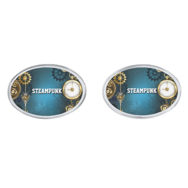 Steampunk turquoise Background with Gears Cufflinks (Front)