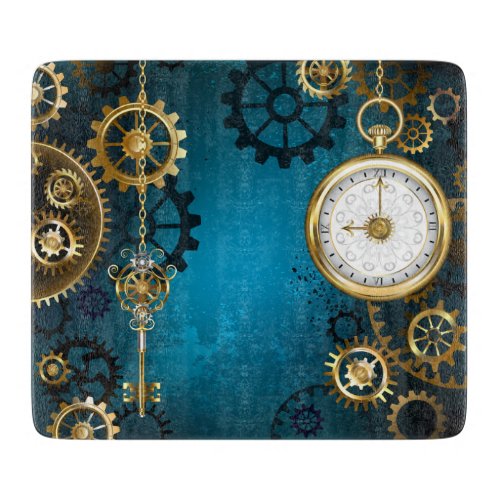 Steampunk turquoise Background with Gears Cutting Board