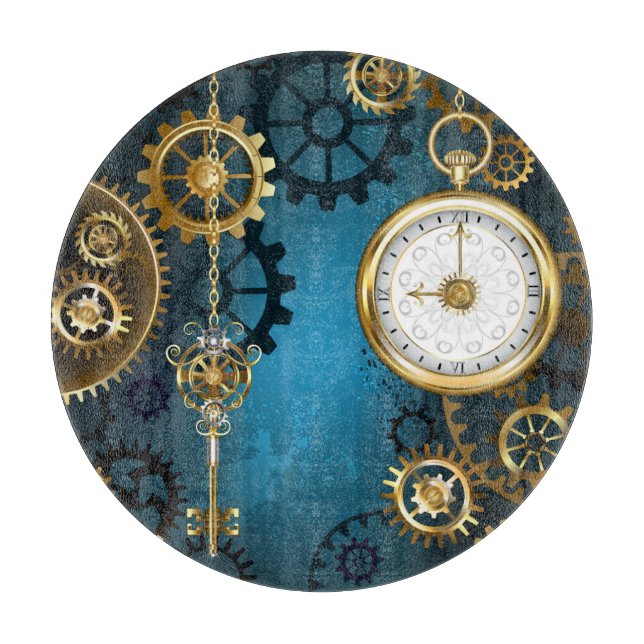 Steampunk turquoise Background with Gears Cutting Board (Front)