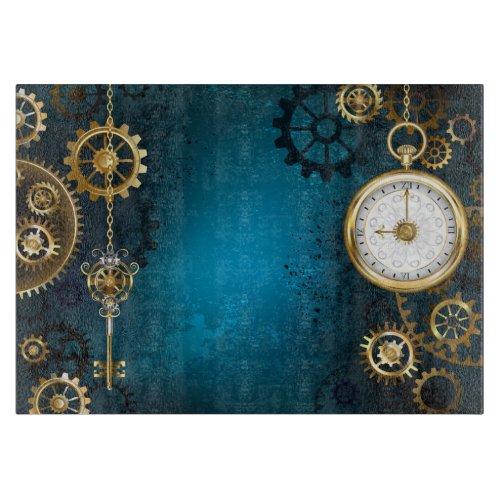 Steampunk turquoise Background with Gears Cutting Board