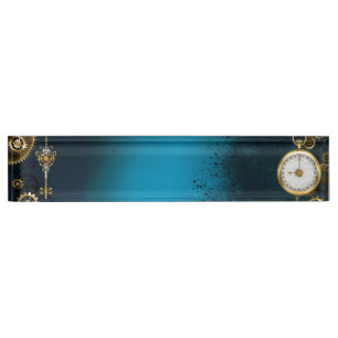 Steampunk turquoise Background with Gears Desk Name Plate