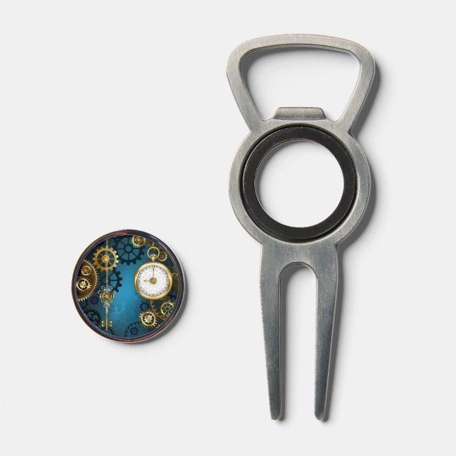 Steampunk turquoise Background with Gears Divot Tool (Front (Open))