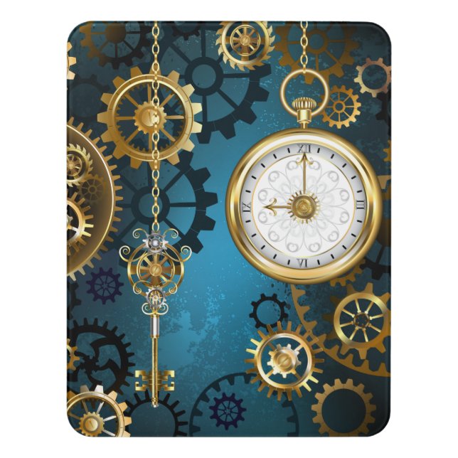 Steampunk turquoise Background with Gears Door Sign (Contemporary Vert)