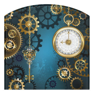 Steampunk turquoise Background with Gears Door Sign