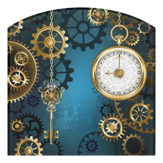 Steampunk turquoise Background with Gears Door Sign (Contour Front)