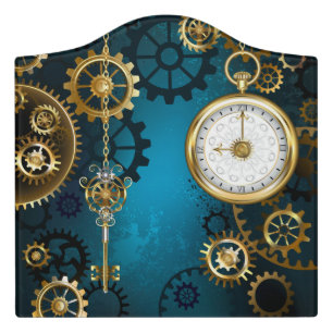 Steampunk turquoise Background with Gears Door Sign