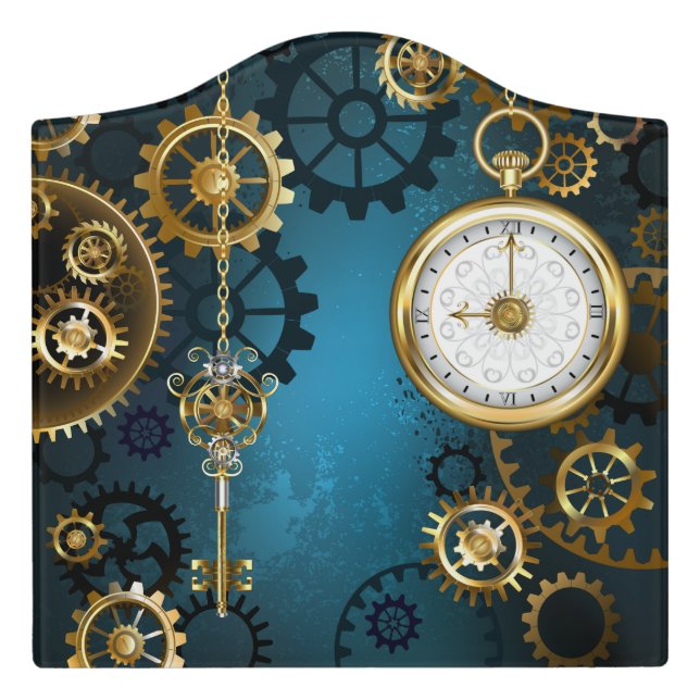 Steampunk turquoise Background with Gears Door Sign (Large Crest Front)